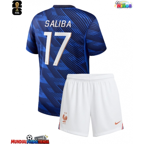 Camiseta Francia William Saliba #17 Primera Equipación Replica Mundial 2026 para niños mangas cortas (+ Pantalones cortos)